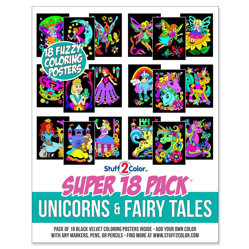Stuff2Color Super Pack of 18 Fuzzy Coloring Posters (Unicorns & Fairy Tales Edition) - Arts & Crafts for Girls and Boys - Great for After School, Travel, Planes, Group Activities, and Coloring with Friends - Image 1